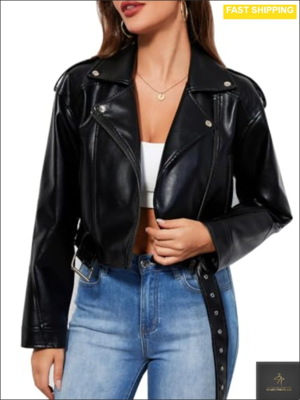 Faux Leather Moto Biker Jacket Cropped Belted Rivet Women's